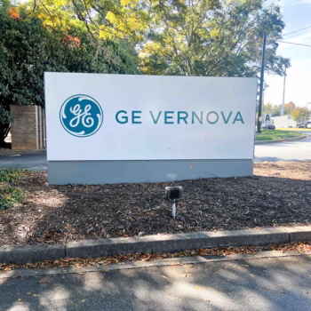 Monument sign vinyl wrap for GE Vernova in Greenville, SC
