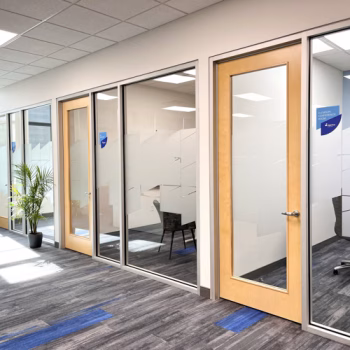 Custom patterned frosted privacy film on conference room windows at Ingenics in Greenville, SC.