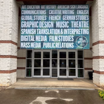 Super-format hanging banner showcasing collegiate programs of study at USC Upstate in Spartanburg, SC