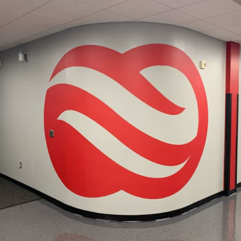Large Blood Connection logomark on curved wall at The Blood Connection office in Piedmont, SC