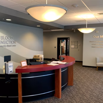 Brushed aluminum dimensional lettering of the Blood Connection logo and mission statement in the lobby at The Blood Connection office in Piedmont, SC