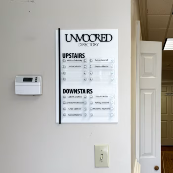 Custom acryic direction sign displaying where practicioners are located in the building for Unmoored in Greenville, SC.