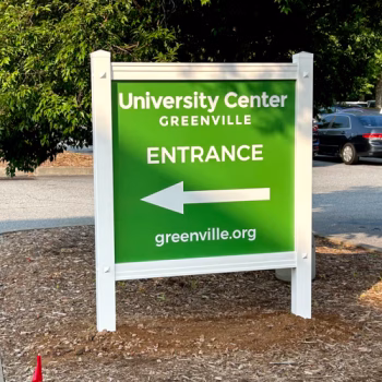Custom directional sign and frame for the University Center of Greenville.