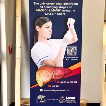 Custom 3' fabric display displaying Luxor Scientific's marketing.