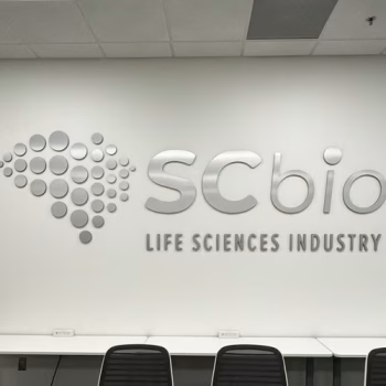 Greenville, SC brushed aluminum dimensional logo lettering for SC Bio.