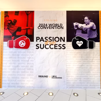 Temporary wall mural in front of hotel elevators at the 2024 Striking Brands convention.