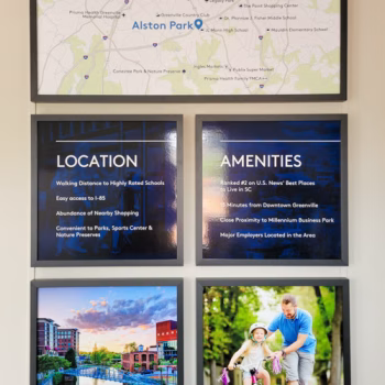 Framed ultraboard prints for the new Pulte development leasing office in Greenville, SC.