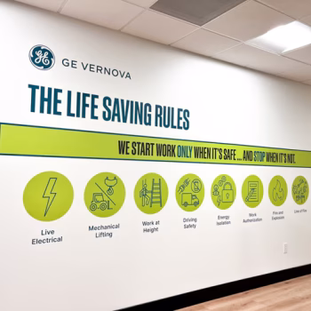 GE Vernova's Life Saving Rules displayed in vinyl on a wall in their customer center in Greenville, SC.