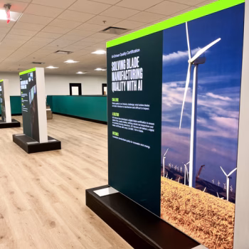 Lightboxes showcasing some of GE Vernova's customer touchpoints displayed in their recently renovated customer center in Greenville, SC.