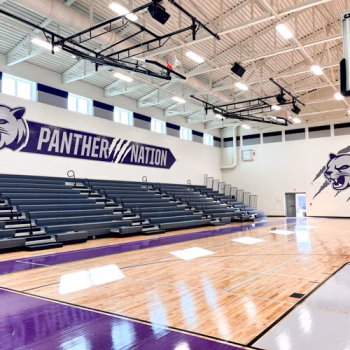 Large and in charge school mascot graphics in the middle school gym at Beech Springs Middle School in Duncan, SC.