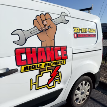 Custom logo decal on a mobile service van for Chance Mobile in Greenville, SC.