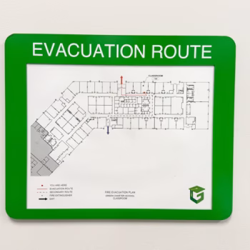 Custom pocketed signage for an evacuation route insert in the classrooms of Green Charter's new Brookfield campus in Simpsonville, SC.