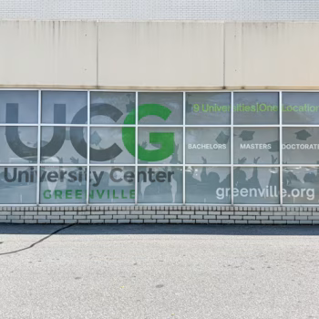 Full coverage window vinyl across a panel of windows at the University Center of Greenville.