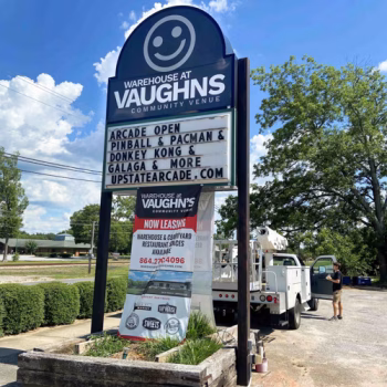 Warehouse at Vaughns roadside sign with custom lettering and vinyl logo in Mauldin, SC.