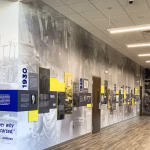 Blue Ridge Electric Co-Op's 4-wall timeline display showcasing key events from 1930-2020 fabricated using wall murals, dimensional numbers, ultraboard prints and pvc prints at the Co-op's main building in Westminister, SC.
