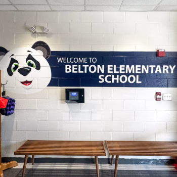 Custom cut logo and mascot graphic in Belton Elementary School's entrance.