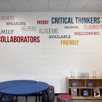 Custom word cloud decals for Wellford Academy showcasing the school values and colors.