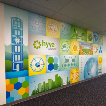 Long interior wall mural designed to represent different aspects of Hyve.