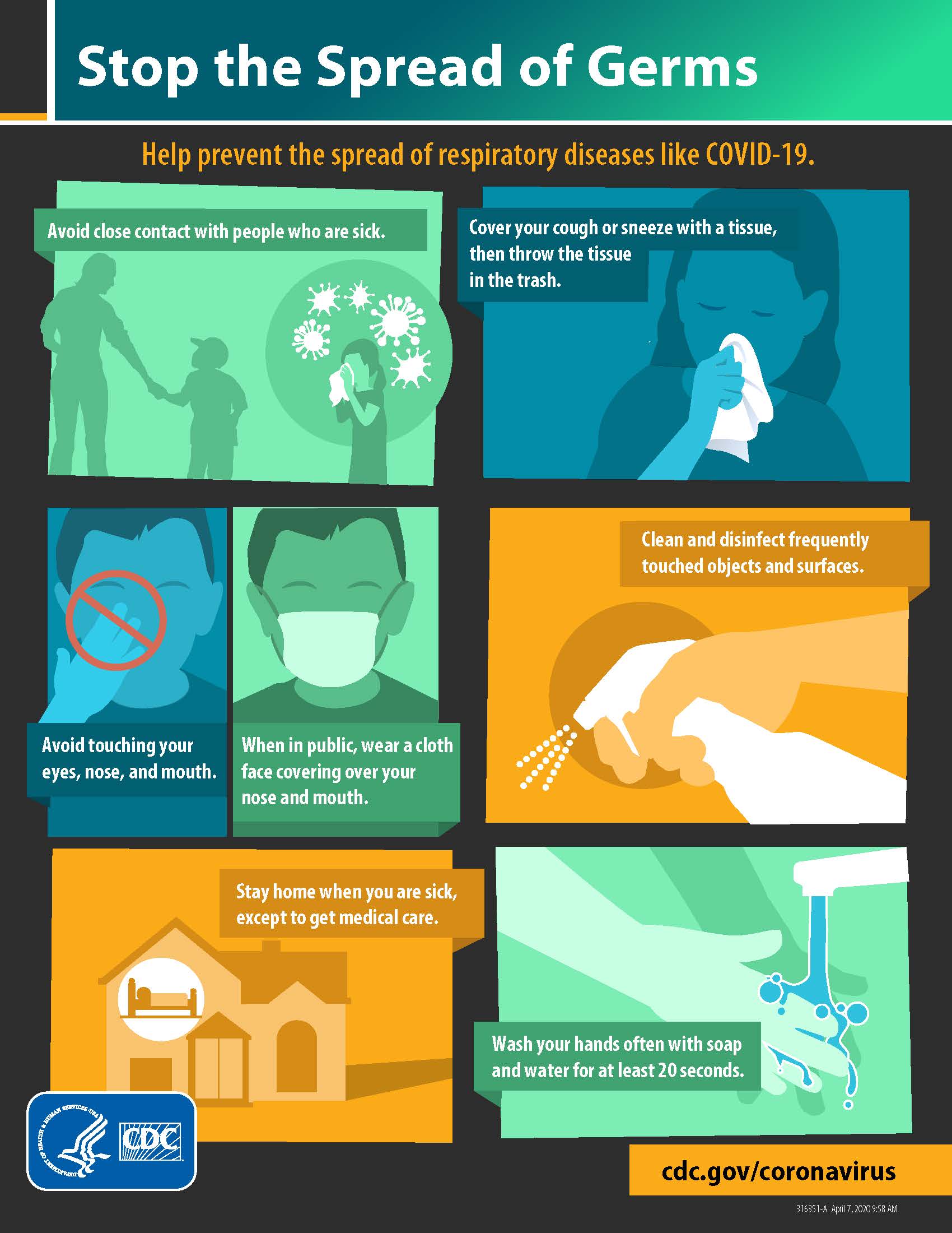 CDC Stop the Spread of Germs Poster, 18"x24",  12pt Poster Paper (inside)