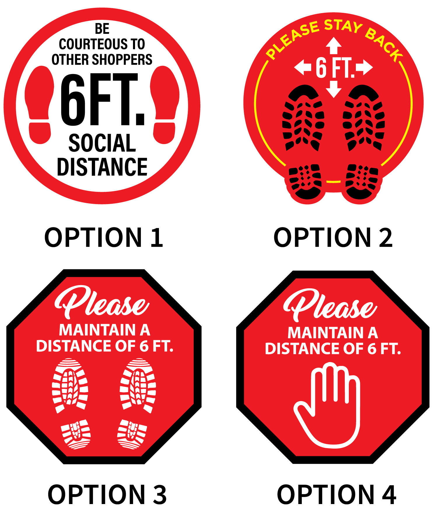 Social Distance Floor Decals (Options 1-4) 12"x12”,  (Specify Option # in notes)