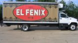 El Fenix truck wrap featuring logo and elegant design, parked on concrete.