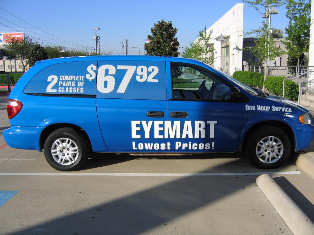 Eyemart promotional van wrap advertising glasses deals and one-hour service.