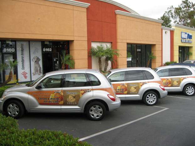 Cars wrapped with custom graphics for Panera. 