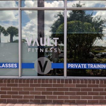 Vault Fitness vinyl window lettering