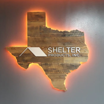 Texas-shaped sign for Shelter Products Inc.