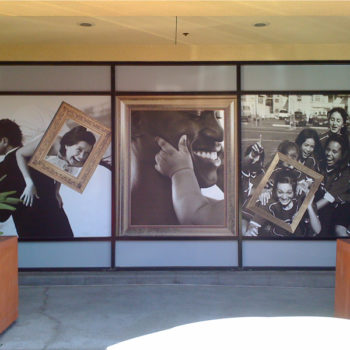 Window graphics with stock photos and picture frames