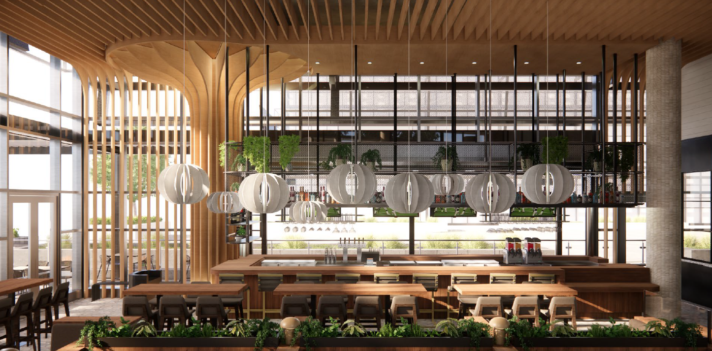 Custom PET Acoustic Noise Absorbing panels in a restaurant