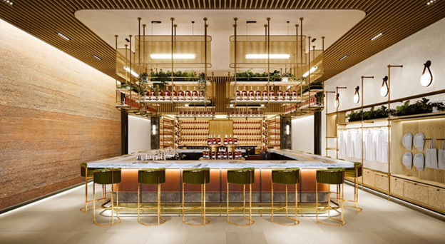 Modern restaurant interior with acoustic ceiling panels enhancing design and sound comfort