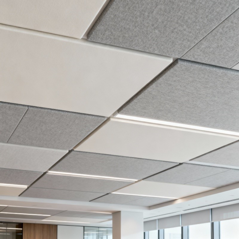 Close-up view of an office ceiling with white and gray acoustic tiles, arranged in a geometric pattern to minimize noise and improve sound quality in shared workspaces.