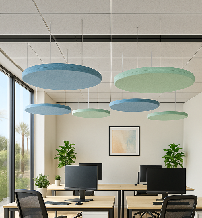 Modern open-plan office with desks and computers, featuring hanging circular blue and green acoustic panels from the ceiling to absorb sound and create a peaceful work environment.