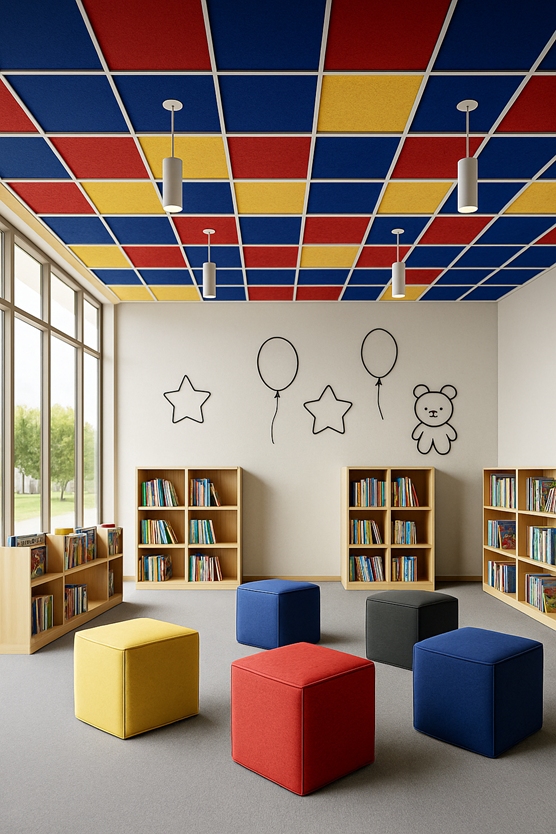 Classroom equipped with soundproof wall and ceiling panels to enhance speech clarity and minimize noise.
