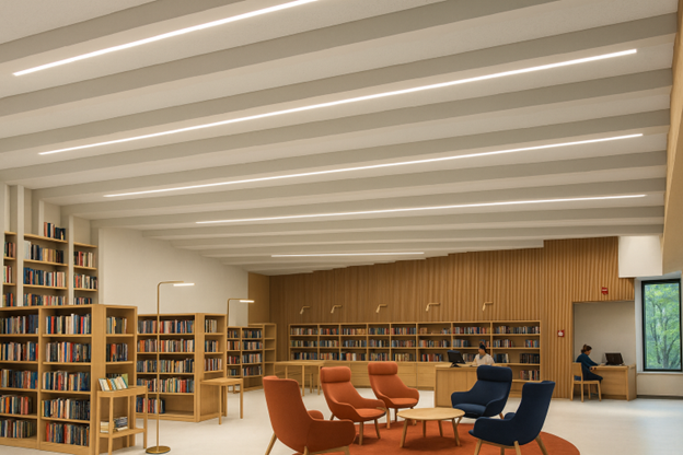 Acoustic ceiling panels and modern design creating a quiet, comfortable learning space for students.
