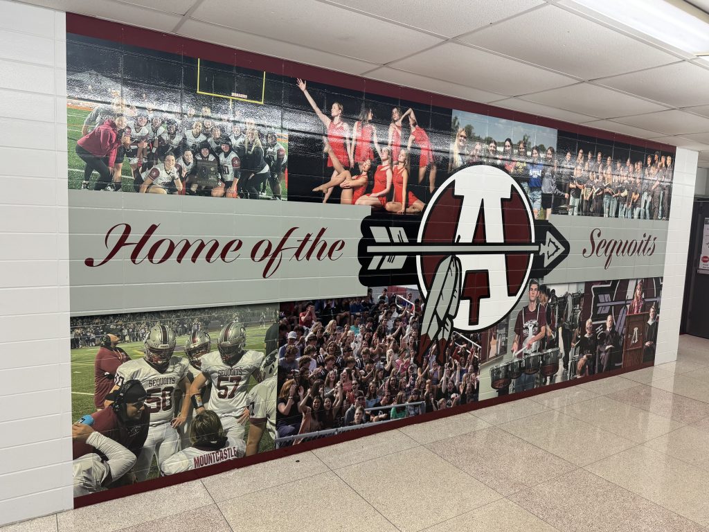Large vinyl wall mural with sports and school images in Chicago, IL.