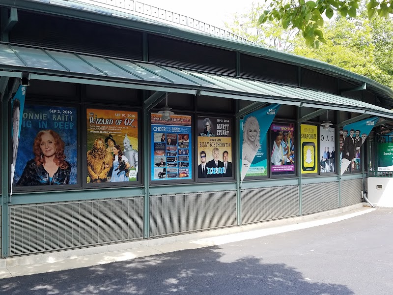 Outdoor window film posters displayed on glass panels under a metal awning in Chicago, IL.
