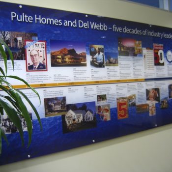 Large acrylic wall sign with printed timeline and images mounted on office wall in Chicago, IL.