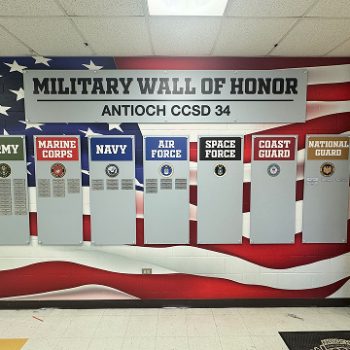 Metal wall sign with branch name plaques and military seals in Chicago, IL.