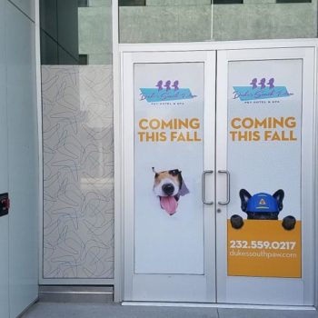 Pet hotel and spa coming this fall window graphic