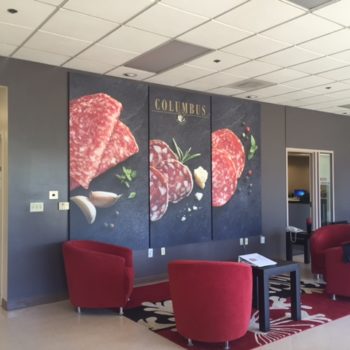 Pepperoni wall graphic in lobby