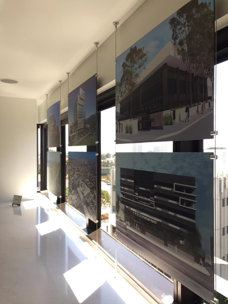 Multiple photo indoor graphics of buildings and city skylines
