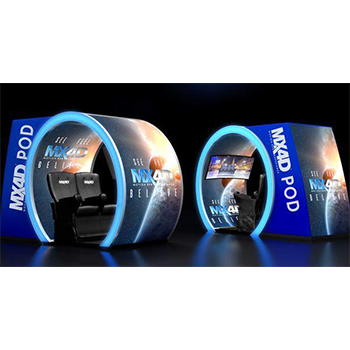 2 pods wrapped with advertising and branding graphics