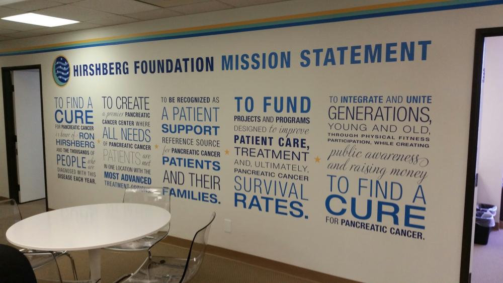 A wall mural displaying the mission statement of the Hirshberg Foundation