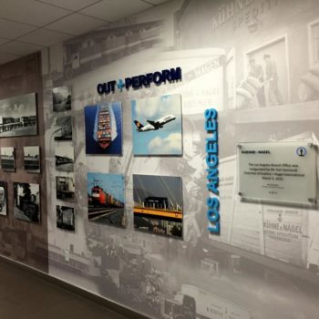 A wall mural with pictures of trains and planes