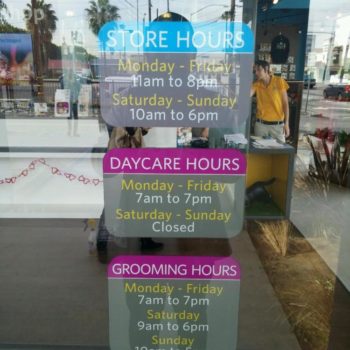 Window graphic with store, daycare, and grooming hours