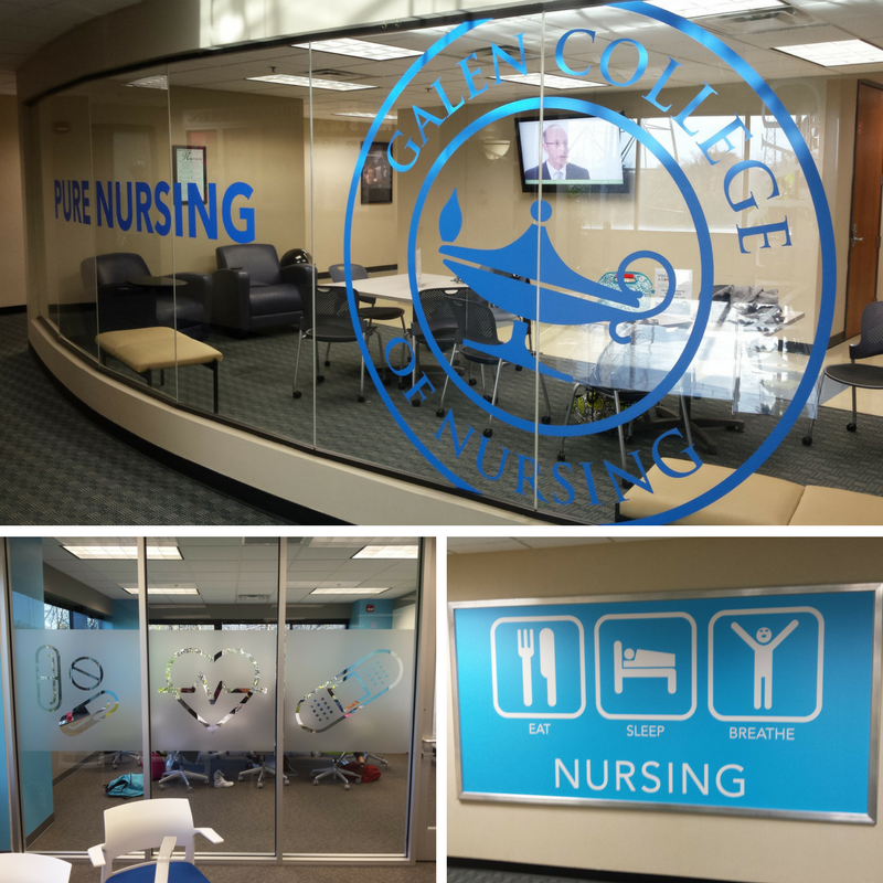 Collage of images of window decals created for Galen College of Nursing 