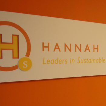 Custom wall banner for Hannah Solar Leaders in Sustainable Energy that is hanging overtop of an orange wall