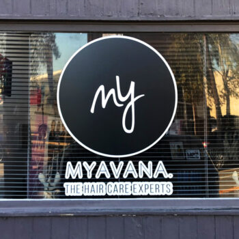 Myavana Window Logo Decal Storefront avertisement installation